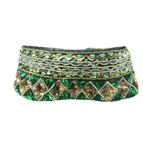 Vintage Emerald Beaded Sequin Belt Applique Statement Party Wide Boho Chic 37 in - Picture 12 of 15